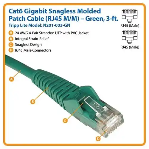 Tripp Lite N201-003-GN CAT6 Snagless Molded Gigabit Patch Cable, UPT, RJ45 M/M, 3' (91.4cm) Green