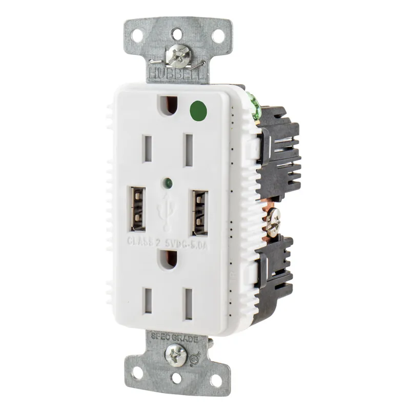 Hubbell Wiring Device - Kellems USB8200A5W USB Charger Duplex Receptacle 15A 125V 2-Pole 3-Wire Grounding 5-15R