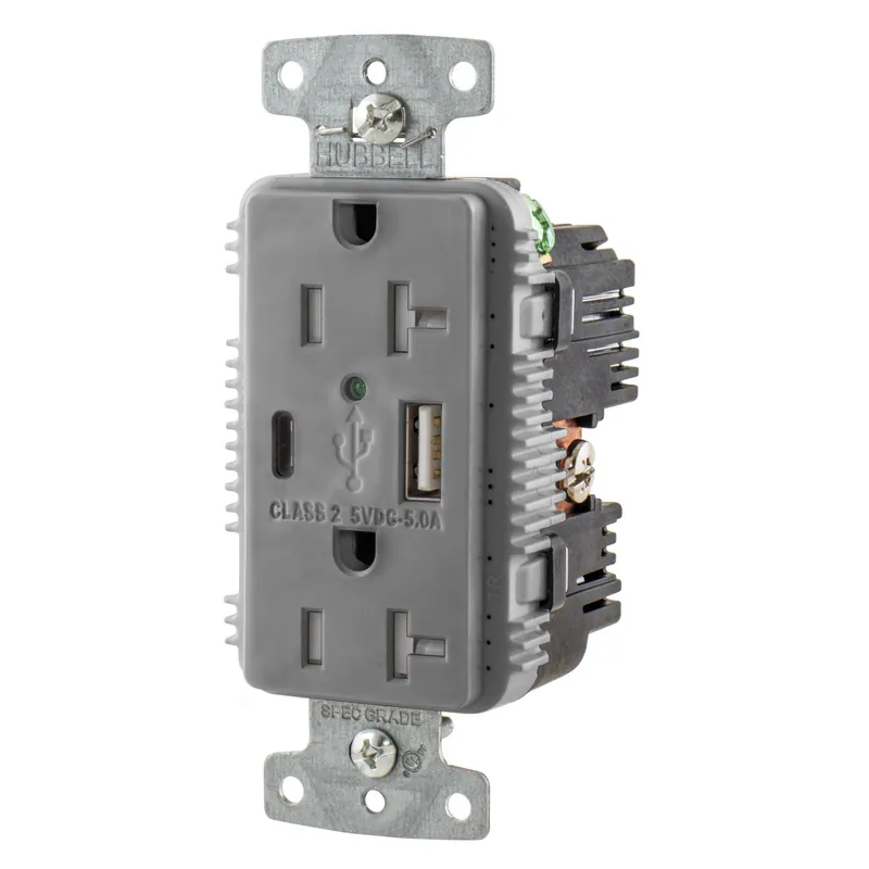 Hubbell Wiring Device - Kellems USB20AC5GY USB Charger Duplex Receptacle, 20A 125V, 2-Pole 3-Wire Grounding