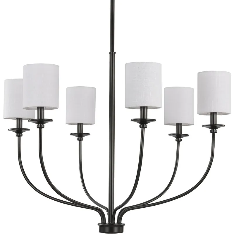 Progress P400227-031 Bonita Collection Six-Light Matte Black White Linen Fabric Shade Luxe Chandelier Light