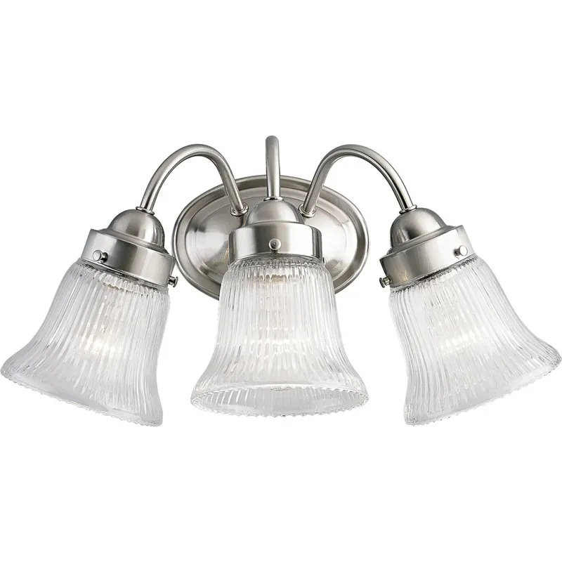 Progress P3289-09 Fluted Glass Collection Three-Light Brushed Nickel Clear Prismatic Glass Traditional Bath Vanity Light