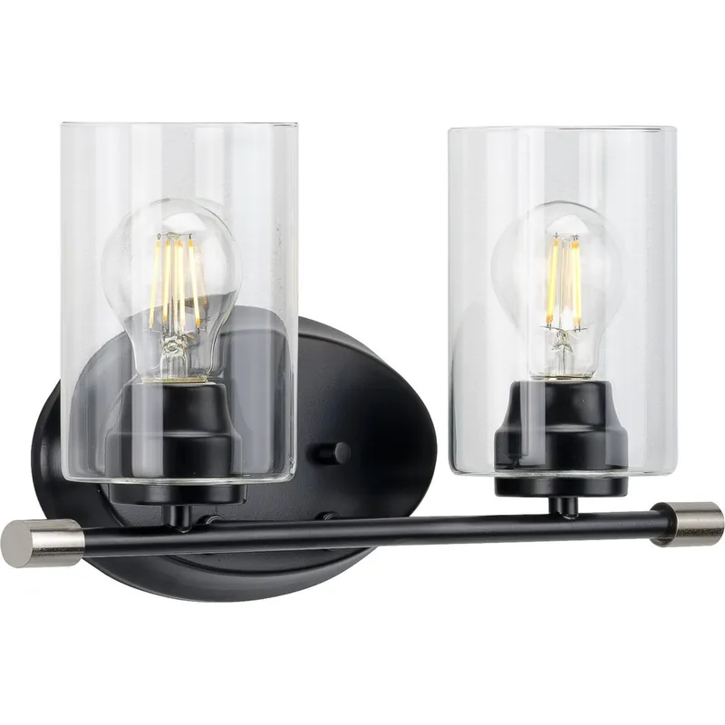 Progress P300277-031 Riley Collection Two-Light Matte Black Clear Glass Modern Bath Vanity Light