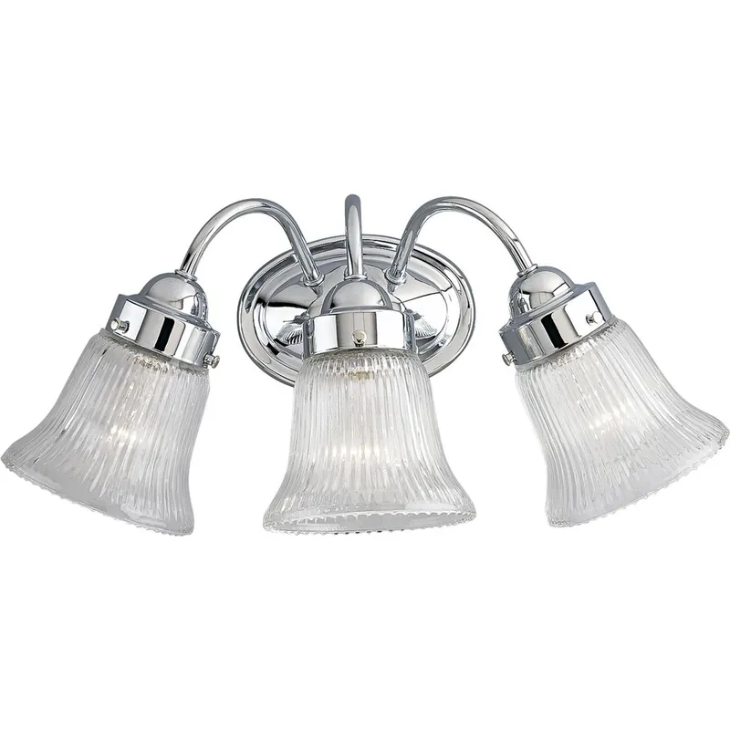 Progress P3289-15 Fluted Glass Collection Three-Light Polished Chrome Clear Prismatic Glass Traditional Bath Vanity Light