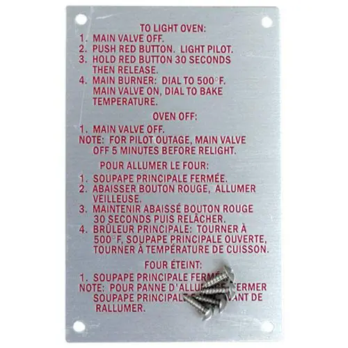 Blodgett 20326 INSTRUCTION PLATE
