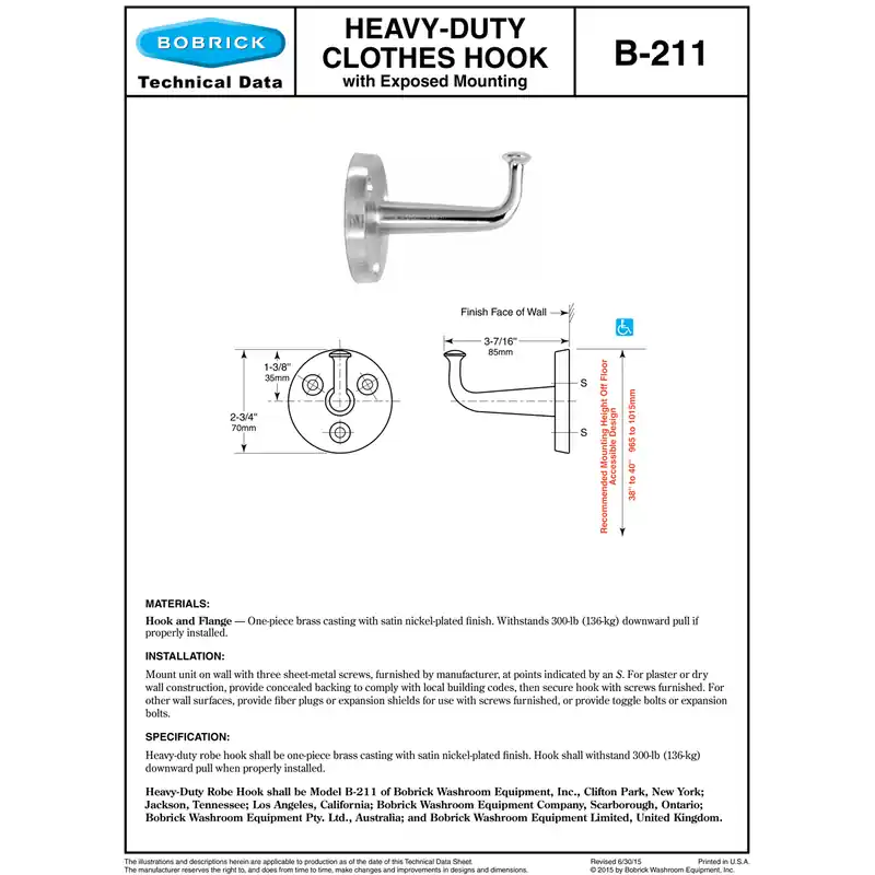 Bobrick 211 Heavy-Duty Clothes Hook